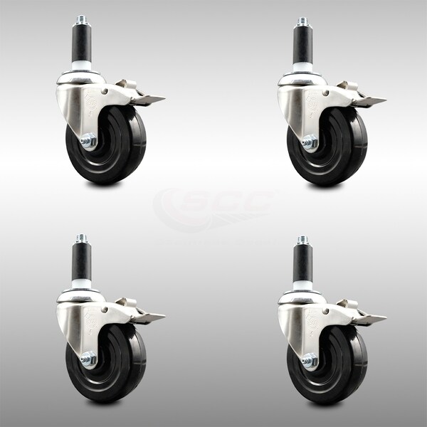 4 Inch 316SS Hard Rubber Wheel Swivel 1 Inch Stem Caster Set Lock Brake SCC